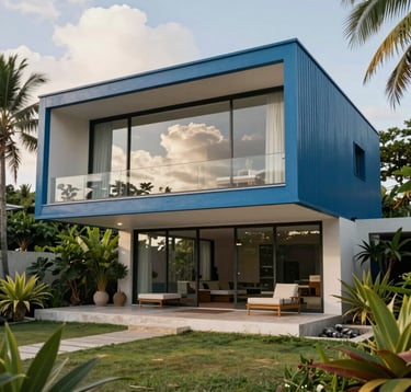 Photography of a contemporary luxury beachfront estate in Tamarindo, Costa Rica. The architecture features minimalist steel blue frames and expansive glass walls that reflect the off-white clouds. Lush tropical gardens frame the composition under clean, bright daylight.