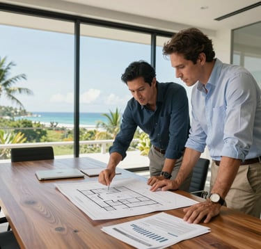 Professional executive setting in a bright, modern coastal office in Costa Rica. Two professionals in business casual attire are reviewing architectural blueprints and financial spreadsheets on a large wooden table. Through the large window, a glimpse of the Guanacaste tropical landscape and clear sky is visible. Sharp focus, clean composition, professional lighting.