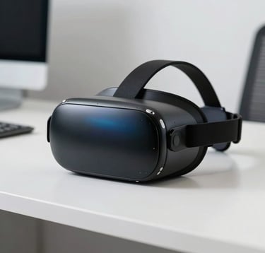 A close-up photograph of a sleek, black virtual reality headset resting on a white minimalist desk in a bright North American / US corporate workspace, with a hint of vibrant blue light reflecting off the lens.