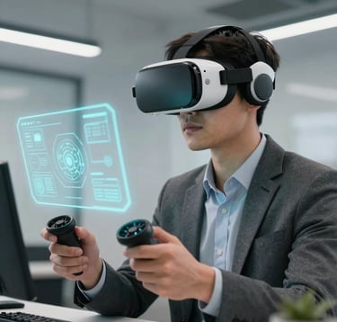 A sharp, detailed photograph of a young professional in a modern North American office setting wearing a high-end VR headset and holding sleek motion controllers, looking intensely focused on a virtual interface. The lighting is crisp with cool cyan accents.