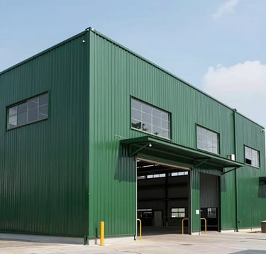 A clean, high-contrast photograph of a Southeast Asian modern industrial warehouse and tech infrastructure, showcasing sharp lines and professional engineering design, with deep green structural elements under bright daylight.