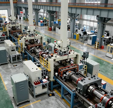 A professional high-angle shot of a large industrial factory floor in Vietnam, where high-tech construction components are being manufactured, bright and clean environment, industrial photography style.