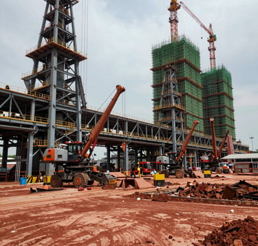 A wide shot of a large-scale industrial factory construction site in Vietnam, featuring steel structures and modern heavy machinery. The atmosphere is industrious and dynamic, with a color palette of terracotta red and deep green.