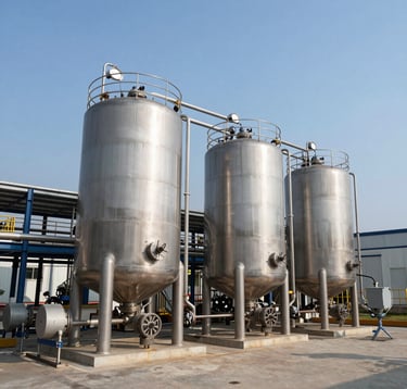 A modern industrial wastewater treatment plant with professional steel tanks and pipes, set in a clean Southeast Asian industrial park, clear blue sky, professional photography.