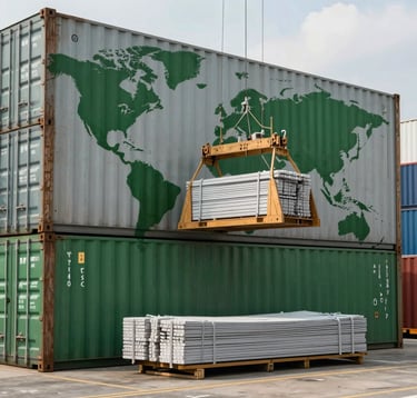 A dynamic shot of a shipping port in Vietnam with large containers of construction materials being loaded, symbolizing global export reach, using a deep green and gray color palette.