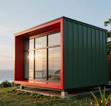 A beautiful photography shot of a modern, minimalist prefab home with glass walls, situated in a scenic coastal area of Southeast Asia, morning sun, vibrant red and deep green architectural details.