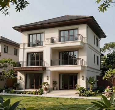 A stylish Southeast Asian residential villa featuring elegant Italian-inspired balconies and modern prefab modules, surrounded by lush green landscaping, shot in high-definition professional architectural style.