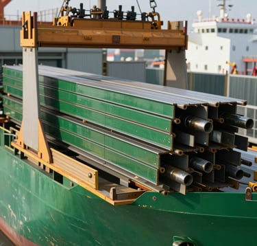 A professional close-up photography shot of high-quality construction steel and materials being loaded onto a cargo ship, industrial lighting, vibrant colors with deep green tones.