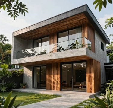 A high-end modern villa in Vietnam featuring clean lines and sustainable building materials. The architecture is a blend of contemporary style with lush Southeast Asian greenery. Soft, natural daylight highlights the smooth concrete and wood textures.