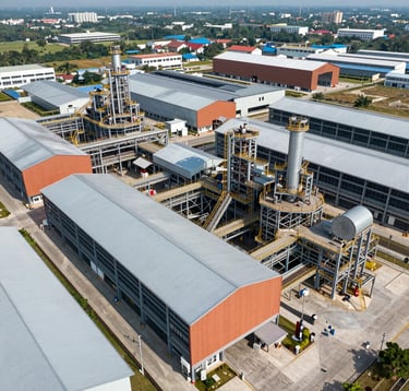 An expansive aerial view of a large-scale industrial factory complex in Vietnam. The structure is modern with metallic silver roofing and terracotta accents. Bright, clear daylight with visible engineering precision in the layout.