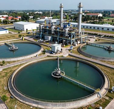 A professional photograph of a modern industrial wastewater treatment facility in a Southeast Asian / Vietnamese industrial park. The lighting is crisp, highlighting the clean engineering and sustainable design. The color palette features deep green and neutral gray tones.
