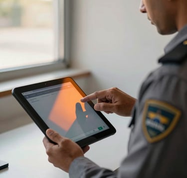 A close-up, cinematic photograph of a professional security technician in a South American / Brazilian corporate setting, checking a sleek security tablet. The lighting is warm and sunny, coming from a nearby window, reflecting vibrant orange and soft white highlights on the equipment. The focus is sharp on the authentic interaction between the professional and the high-tech interface.