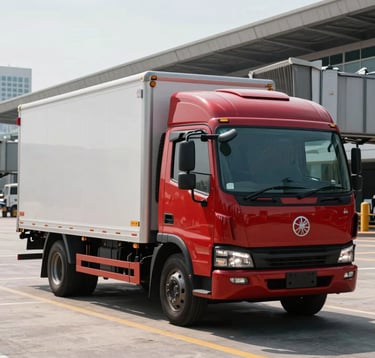 A professional commercial photograph of a delivery truck with clean lines parked at an airport cargo terminal in a Southeast Asian / Filipino city, bright midday sun, Deep Ripe Crimson accents visible on the vehicle, emphasizing global reach.