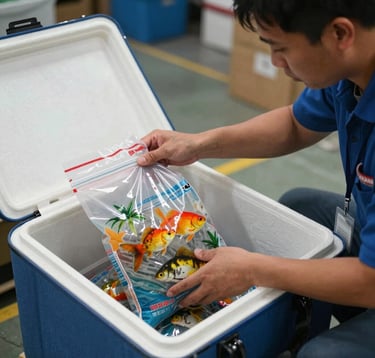 A high-quality photo of a Southeast Asian logistics professional carefully placing a bag of colorful ornamental fish into a insulated shipping box, demonstrating precision and care.