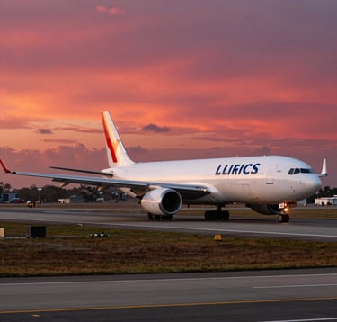 A wide-angle professional photograph of cargo planes on a runway in the Philippines, with sunset light casting a Deep Ripe Crimson glow. The scene conveys global connectivity and logistical expertise.
