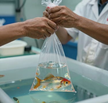 A close-up of professional hands in a Southeast Asian / Filipino facility preparing a clear bag of ornamental fish for transport. Soft lighting emphasizes the clarity of the water. Professional and careful handling in a clean environment.