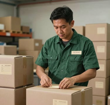 A professional Southeast Asian / Filipino logistics manager meticulously labeling high-quality insulated shipping boxes in a clean warehouse. The lighting is warm and bright, highlighting the Matte Forest Green uniforms and Crisp Parchment labels.