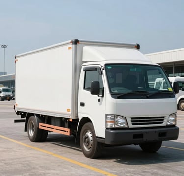 Professional shot of a cargo delivery van at a Southeast Asian / Filipino airport terminal. Mid-day clear sky with bright lighting. The focus is on logistical precision and efficiency.