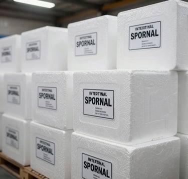 A close-up photograph of rows of professional styrofoam shipping boxes in a clean Southeast Asian warehouse, meticulously labeled for international export, lit by bright, clean overhead light.