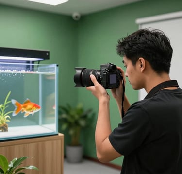 A behind-the-scenes shot in a bright studio office where a professional is using a high-end camera to photograph a rare goldfish in a display tank, Matte Forest Green walls in the background, professional Southeast Asian / Filipino agency setting.