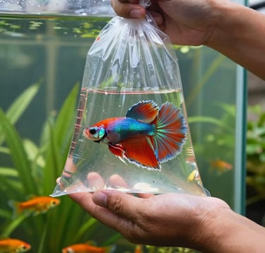 A close-up photograph of a Southeast Asian / Filipino ornamental fish breeder's hands gently holding a transparent bag containing a vibrant, high-quality betta fish, with the lush greenery of an outdoor fish farm in the soft-focus background.