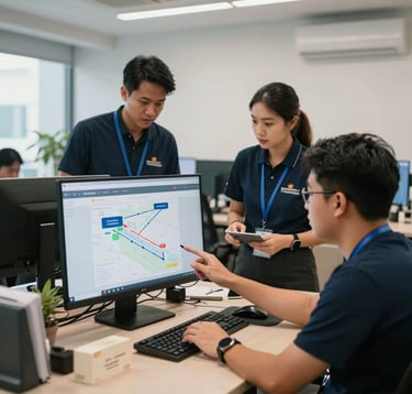 A candid shot of the Pinoy Transhipper agency staff in a modern office, planning shipping routes on a digital screen. The setting is Southeast Asian / Filipino, featuring a professional yet approachable team culture and Crisp Parchment decor.