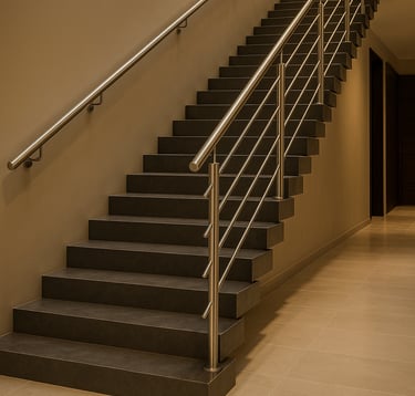 Corrimão em inox com acabamento premium instalado em escada residencial