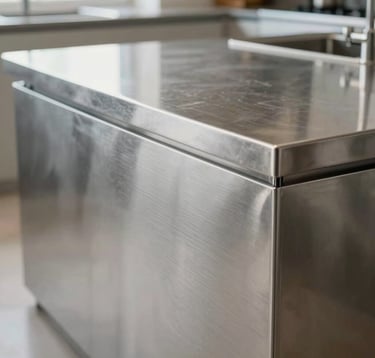 Detailed macro shot of a custom stainless steel kitchen island in a minimalist Brazilian home. The surface shows a fine horizontal brushed texture with no visible joints, reflecting soft daylight from a nearby window. The aesthetic is purely architectural and high-tech.