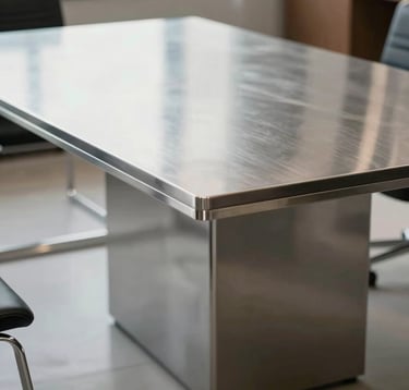 Detail of a custom-made stainless steel table in a modern executive office in Brazil. Minimalist design, clean lines, and a smooth, non-reflective surface that reflects a sophisticated corporate atmosphere.
