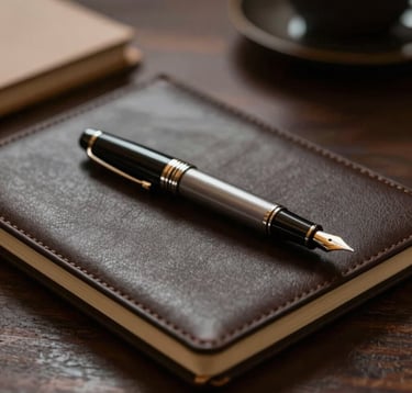 A cinematic, close-up shot of a desk featuring a luxury fountain pen and a leather-bound notebook. The lighting is moody and dramatic, with deep shadows and warm highlights, suggesting a late-night creative session. The color palette emphasizes #3A3F3B and #C1C4BF tones, maintaining a professional and contemporary elegance.
