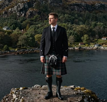 A Northern European / Scottish groom in a traditional wool kilt and formal attire standing on a rugged cliff overlooking a deep slate loch. The style is cinematic with moody shadows and a forest green backdrop.