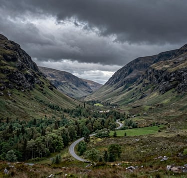 A wide cinematic landscape of a Northern European / Scottish glen. A winding road leads into a valley of forest green and muted sage green under a dramatic deep slate cloud formation.
