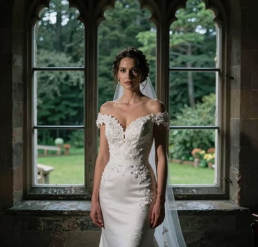 A cinematic portrait of a bride standing in a historic castle window. The natural light highlights her features against the dark, moody interior. A Northern European / Scottish setting with deep forest green accents in the background.