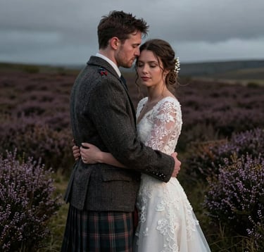 A Northern European / Scottish couple embracing in a field of heather. The cinematic lighting uses deep slate shadows and highlights of soft off-white to emphasize the texture of the bride's lace and the groom's tweed.