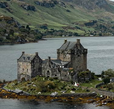 A cinematic high-angle shot of a historic Scottish castle on a remote isle. The water of the loch is a dark slate, and the surrounding hills are a lush, muted sage green. Two people in traditional Northern European / Scottish wedding attire are visible on the stone path.