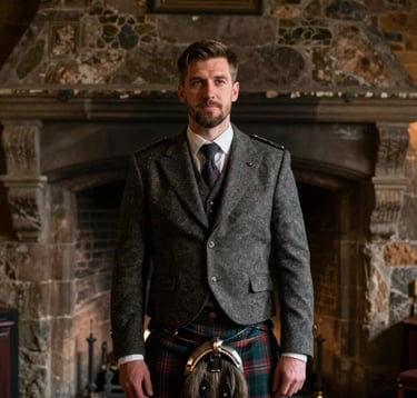 A close-up shot of a groom in a traditional Northern European / Scottish kilt standing before a massive stone fireplace in a historic castle. Cinematic low-key lighting highlighting the textures of the wool and ancient stone.