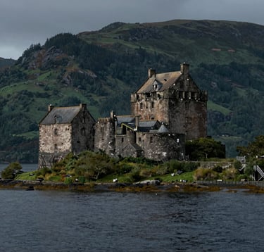 An establishing cinematic shot of a historic Scottish castle on the edge of a loch. The water is a deep dark slate, and the surrounding hills are forest green. The castle is captured in moody, professional lighting that emphasizes its ancient heritage.