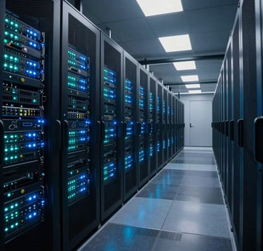A wide-angle, cinematic photograph of a modern data center aisle. Rows of server racks featuring blinking ice blue and muted teal LEDs stretch into the distance. The flooring is a polished dark charcoal, reflecting the technical precision and security of the environment.