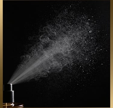 Macro photography of a fine fragrance mist captured in mid-air against an obsidian black backdrop. The lighting catches each droplet like tiny stars. Minimalist composition with a muted brass border detail, reflecting a high-end editorial aesthetic.