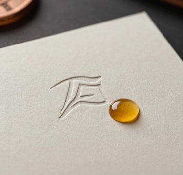 Close-up of a high-quality, bone white textured paper with an embossed minimalist logo. A single droplet of amber oil sits perfectly on the surface. Lighting is soft and directional, with bronze and obsidian black tones in the background. Middle Eastern / Gulf editorial style.