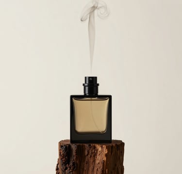 A minimalist editorial photograph of a heavy, square perfume bottle placed on a piece of dark polished wood. A wisp of smoke rises vertically in a straight, controlled line against a bone white background. Symmetrical and precise composition.