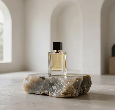 An editorial photograph of a minimalist display in a luxury Middle Eastern Gulf home. A single, iconic fragrance bottle sits on a block of raw obsidian. The room has high bone white walls and clean architectural lines. The lighting is soft and natural.