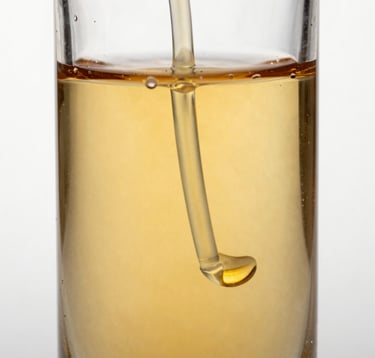 Macro shot of amber liquid swirling inside a glass vessel. The lighting highlights the viscous texture and golden hues of the perfume oil. A clean, bone white background keeps the focus on the movement of the liquid. Sophisticated and minimalist.