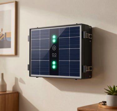 Professional photography of a sleek hybrid solar inverter system with glowing Mint Green LED indicators, glassmorphism interface design, installed in a modern South Asian smart home utility room.