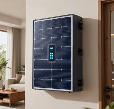 A high-tech hybrid solar inverter and smart battery storage system installed in a modern Indian home interior. The design is sleek with glowing indicator lights, emphasizing a luxury SaaS aesthetic and modern renewable energy technology.
