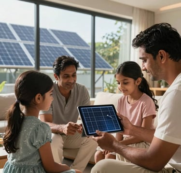 A high-end photography shot of a South Asian family looking at a solar savings chart on a digital tablet, sitting in a sunlit modern living room with glass walls overlooking solar panels.