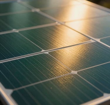 Extreme close-up of a high-efficiency monocrystalline solar panel reflecting a warm golden light. The surface shows a crisp crystalline texture with deep green and blue tones, suggesting premium quality and advanced technology.