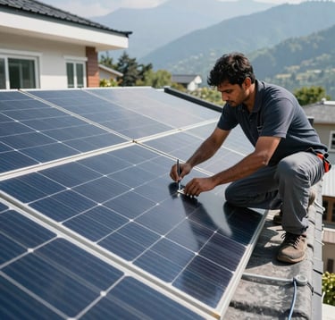 Close-up photography of professional South Asian technicians installing high-efficiency solar panels on a modern house rooftop in Uttarakhand, bright sunlight, blue and dark green aesthetic.