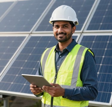 A South Asian professional solar engineer in a high-visibility vest and helmet, carrying a tablet, standing in front of an array of solar panels. He is smiling confidently, representing trust and professional service.