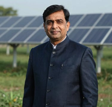 A formal portrait of a mid-aged South Asian politician in professional attire against a blurred background of a renewable energy farm, cinematic lighting, dark blue and forest green color palette.